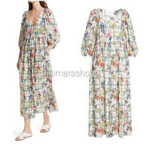 DYVNA Floral Windowpane Balloon Sleeve Silk Blend Dress